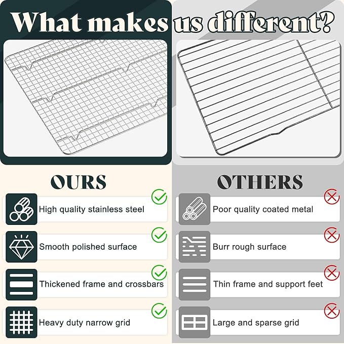 Cooling Racks for Cooking and Baking - 11.5"x16.5" Oven Safe Premium Stainless Steel Heavy Duty Baking Rack Tight-Wire, Fits Half Sheet Pan for Roasting & Grilling & Cooking - Set of 2