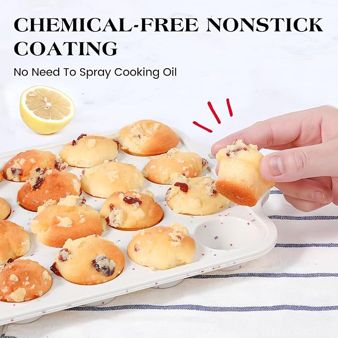 2 Pcs Mini Muffin Pans with Metal Reinforced Frame, 24 Cups Nonstick Silicone Cupcake Tray for Baking, Food Grade Small Muffin Molds with Handles (Cream)