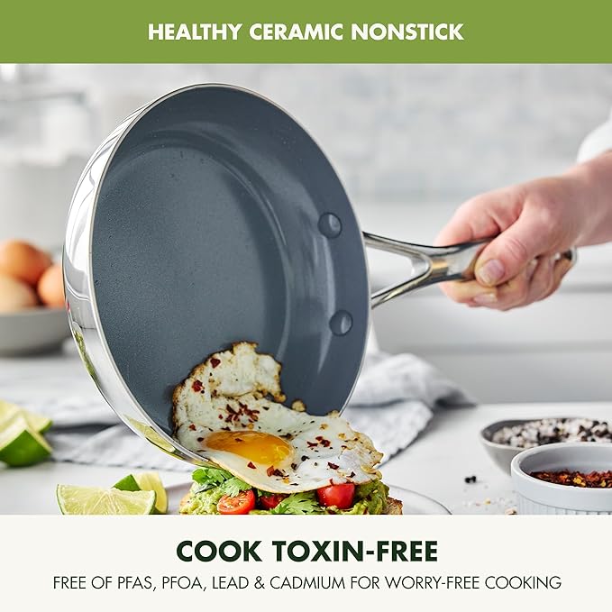 GreenPan Valencia Pro Stainless Steel 12” Frying Pan Skillet, Induction Suitable Mirrored Tri-Ply, Ceramic Nonstick PFAS-Free, Multi Clad Cookware, Dishwasher Oven & Broiler Safe
