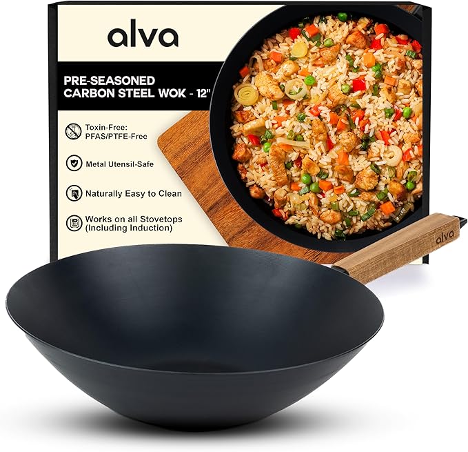 Alva Forest Naturally Nonstick Carbon Steel Wok Pan 12" - Acacia Wood Handle, Pre-Seasoned and Made without PFAS, PFOA & PTFE - Induction and All Stovetop Compatible with Even Heat Distribution
