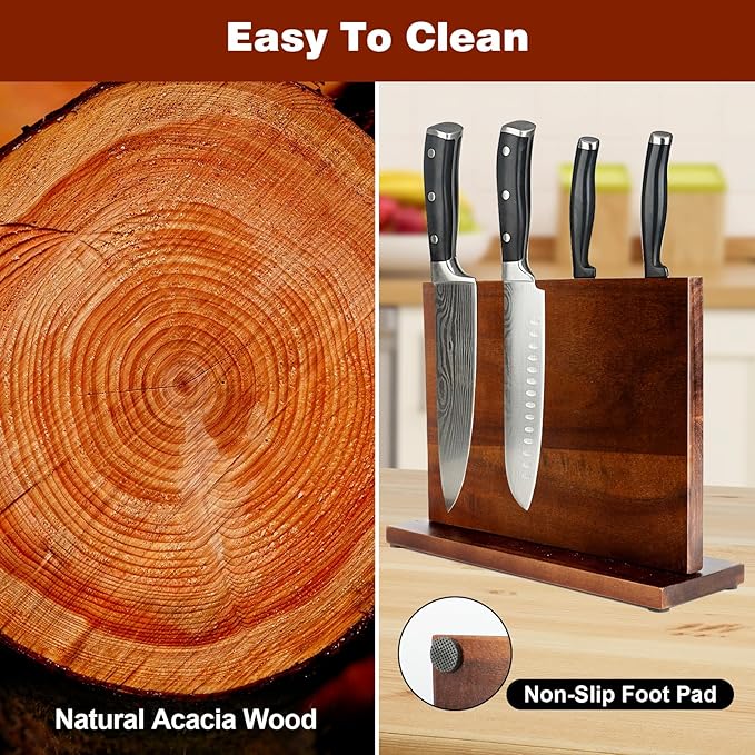 Magnetic Knife Block Double Sided Magnetic Knife Holder Rack with Strong Enhanced Magnets Acacia Wood Magnetic Knife Storage Stand (Acacia Wood)