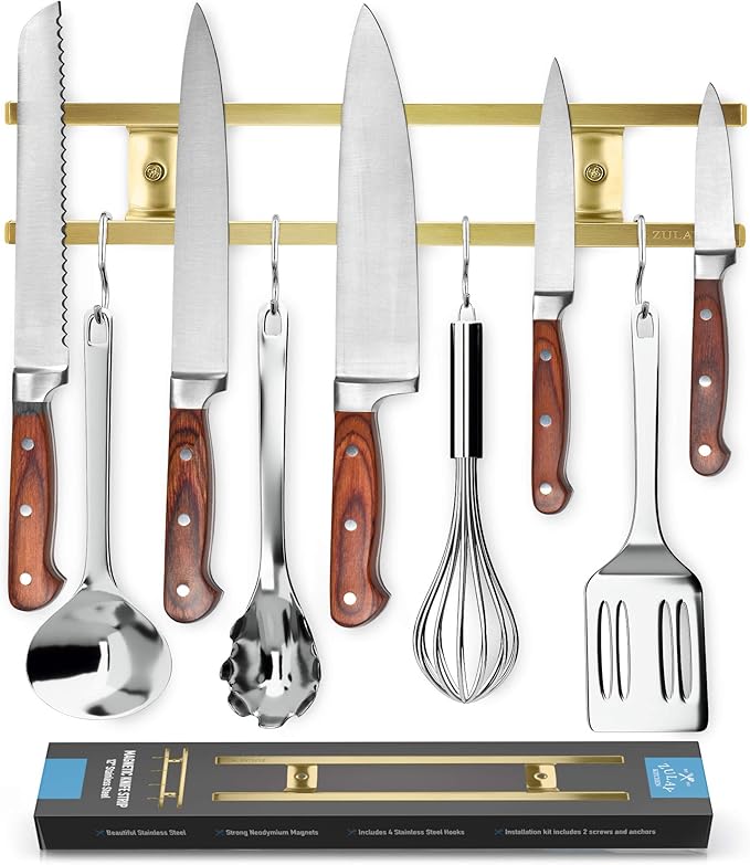 Zulay (12 Inch) Stainless Steel Magnetic Knife Holder For Wall - Powerful Knife Magnetic Strip With Extra Hanging Hooks - Wall Mount Magnetic Knife Strip & Organizer For Kitchen & Tools (Gold)