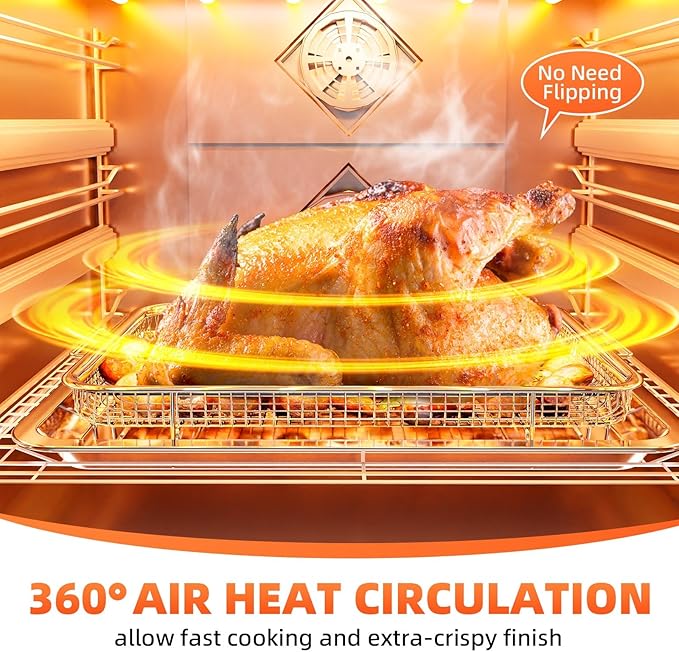 Air Fryer Basket for Oven, 2 Set Oven Air Fryer Basket and Tray with 60 PCS Parchment Papers, DEGOVIN Crisper Tray Non-stick Stainless Steel Air Fry Pans for Convection Oven(15.8" × 11" & 13" × 9.7")