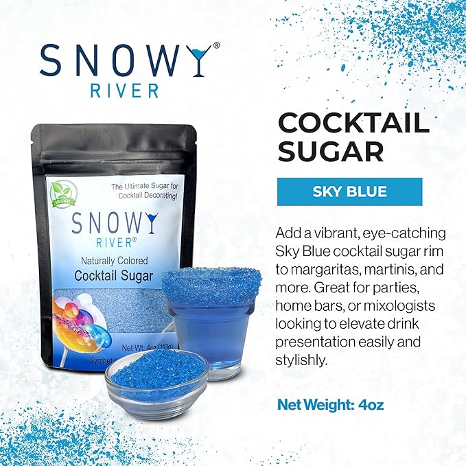 Snowy River Sky Blue, Cocktail & Margarita Sugar Rimmer - Vibrant Color Glass Rimming Sugar with Medium Crystal Texture - 4oz