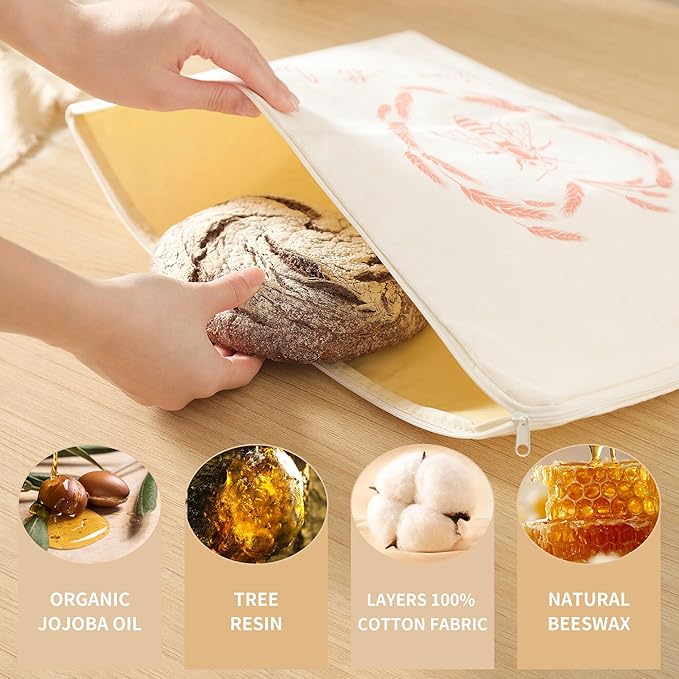 WiNDANCE Wide Zipper Access Beeswax Bread Bags for Homemade Bread - 2 Packs XL Reusable Organic Beeswax Linen Cotton Sourdough Bag, Homesteading Essentials Sourdough Bags with Zip to Keep Fresh