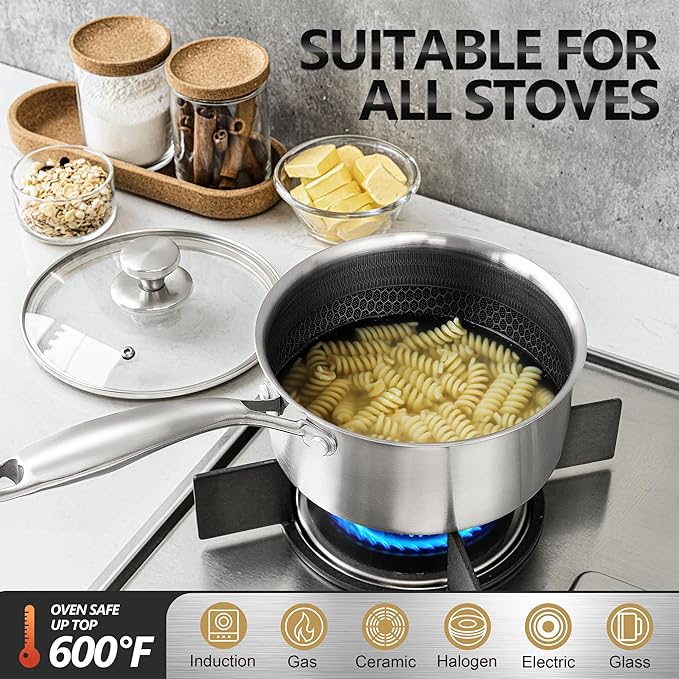 MICHELANGELO Stainless Steel Saucepan Set 1QT & 2QT, Premium Triple Ply Sauce Pan with Lid, Sauce Pot with Honeycomb Interior - 4pcs