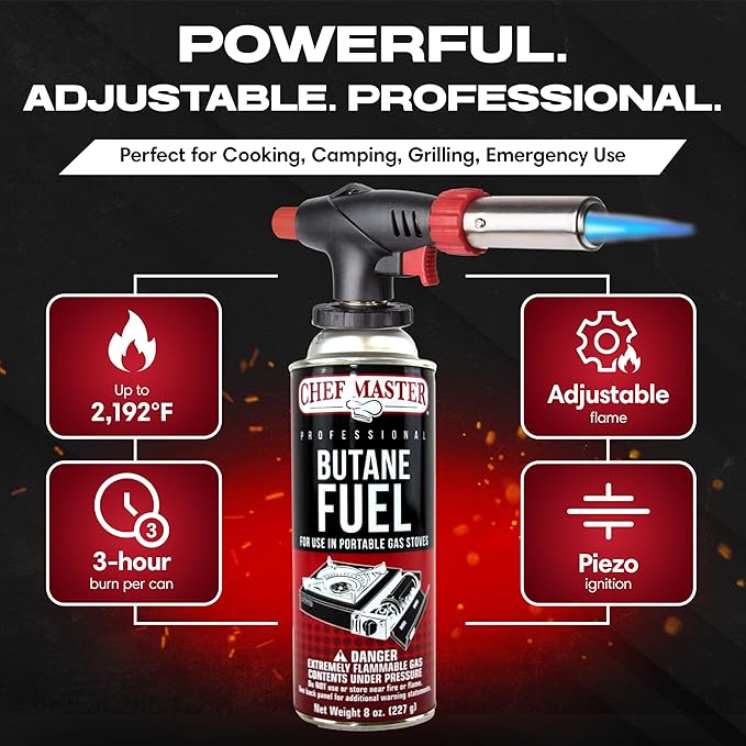 Butane Torch Lighter w/ 4 x 8oz. Butane Fuel Tin Canister Combo, Refillable Kitchen Torch & Adjustable Flame Cooking Torcher for Creme Brulee, Dessert, Meats, Indoor & Outdoor BBQ by Chef Master 90022