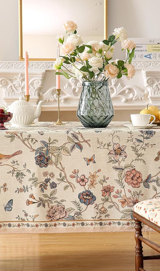 ISAENNE Designer French Light Beige Small Rectangular Tablecloth,Linen Florals and Birds Pattern Table Cloth,Anti-Wrinkle Decorative Tablecloths for Dining Thanksgiving Kitchen,55"*71"-Cornucopia