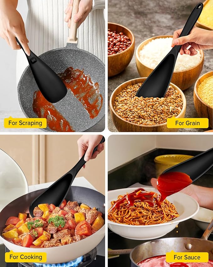 Pack of 2 Cooking Spoons for Non Stick Cookware, Multifunction Spatula Spoon BPA-Free, One-Piece Design, Suitable for Scooping, Scraping, Serving and Mixing (BLACK-BLACK)