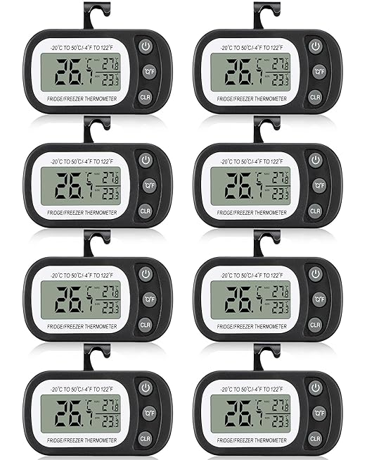 Frienda 8 Pack Black Digital Fridge Thermometer Waterproof Refrigerator and Freezer Room Max/min Record Function LCD Screen Refrigerator Thermometer with Hook and Magnetic Back for Home