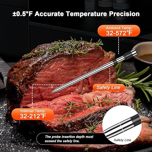 Wireless Meat Thermometer with Smart Timer & APP Alerts, 800ft Bluetooth Grill Food Thermometer, 4 X 0.19In Ultra Thin Probes, ±0.5℉ Accuracy, Big Digital Backlit Screen, for BBQ, Oven, Smoker