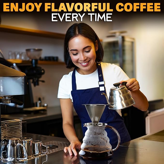 Stainless Steel Pour Over Coffee Maker With Cleaning Brush & Non-Slip Silicone Handle - 2 Cups Capacity Stainless Steel Coffee Pour Over Dripper With Secure Wide Base, Clean Flavor Paperless