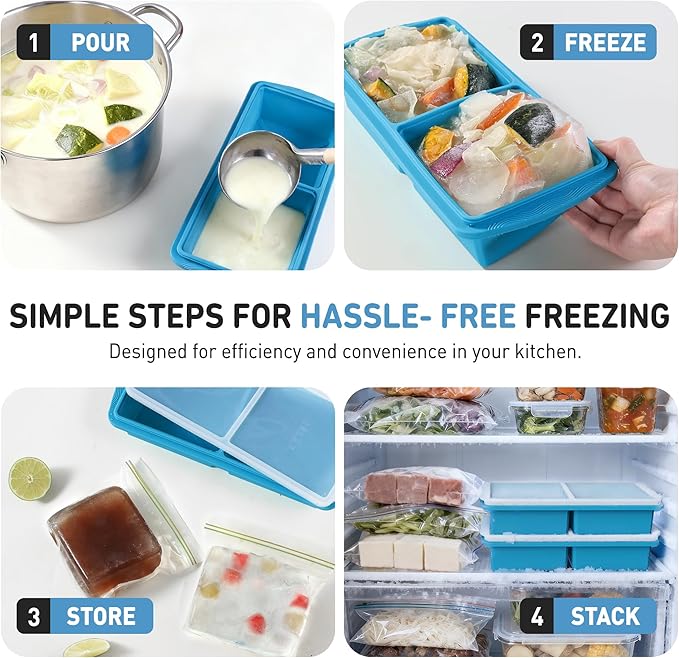 Silicone Freezer Tray with Lid Soup Freezer Container Molds with Steel Reinforced Rim Ice Cube Freezer Molds for Soup, Sauce, Leftovers, Homemade Meal Prep Containers Food Prep Home Essentials