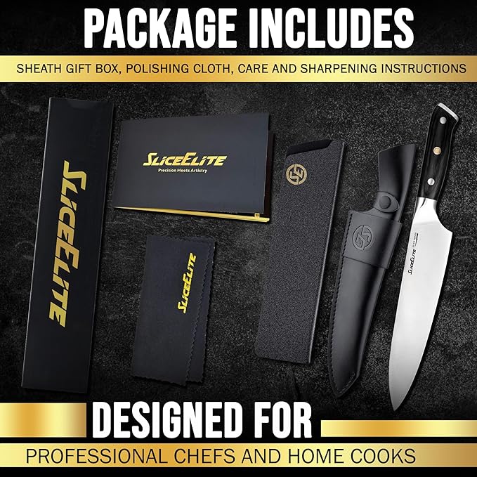 SliceElite Slice Series 8 Inch Chef Knife High Carbon German Steel Blade Pakkawood Handle Dual Sheath Sharp Cooking Knife for Meat Cleaver BBQ Kitchen Knife for Slicing Chopping Cutting Carving Tool
