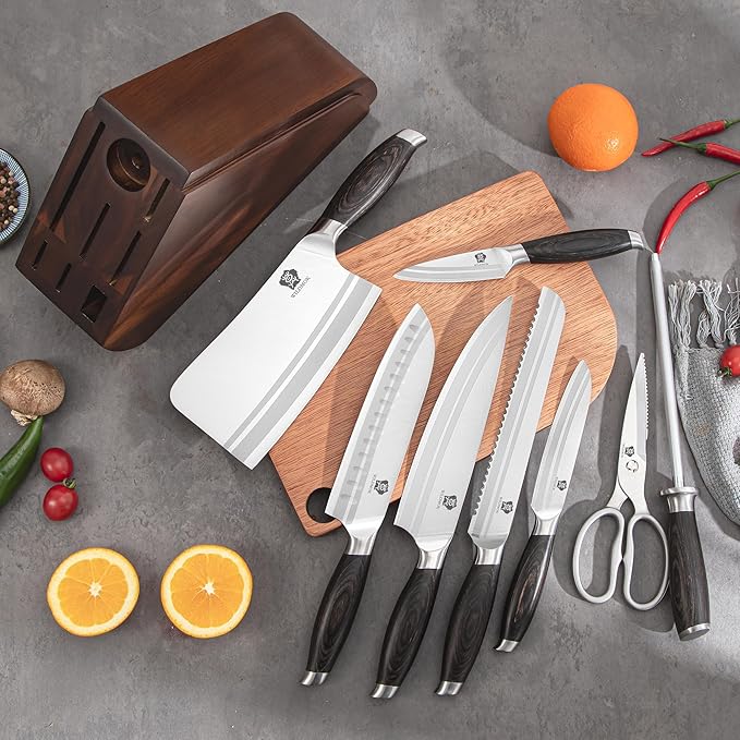 WILDMOK 9 Pcs Knife Block Set, Kitchen Knife Set with Block Wooden, German Stainless Steel Sharp Chef Knife Set with Bone Chopper
