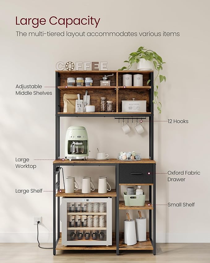 VASAGLE Bakers Rack with Charging Station, Coffee Bar with Adjustable Storage Shelves, Fabric Drawer, 12 Hooks, 15.7 x 39.4 x 71 Inches, Kitchen Microwave Stand, Rustic Brown and Ink Black UKKS027K01