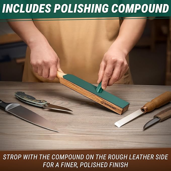 BeaverCraft Leather Strop for Knife Sharpening - Dual-Sided Knife Strop with Stropping Compound Kit - Honing Strop Block 14" for Woodcarving Tools, Chisel Knife Sharpening Kit Leather Sharpener LS6P1