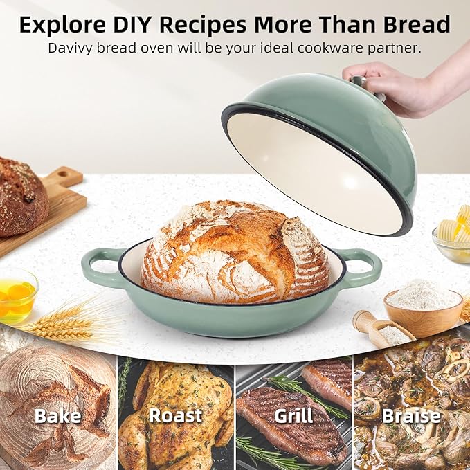 Davivy 5.5QT Sourdough Dutch Oven with Domed Lid, 10" Round Bread Dutch Oven, Enameled Cast Iron Bread Oven, Bread Oven for Sourdough Bread - Sea Salt Green
