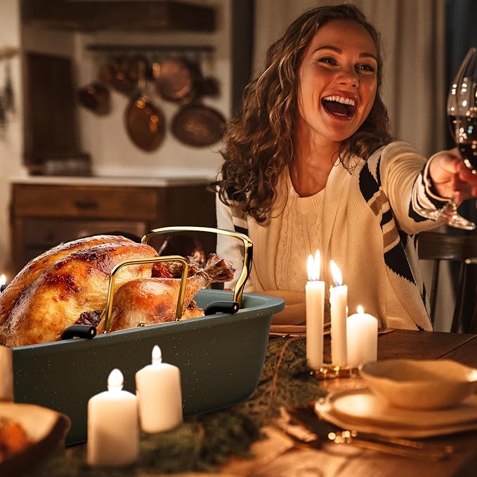 Nonstick Roasting Pan, 17 Inch x 13 Inch Large Roaster Pan with Removable Rack, Roaster for Roasting Turkey, Meat & Vegetables (Green）