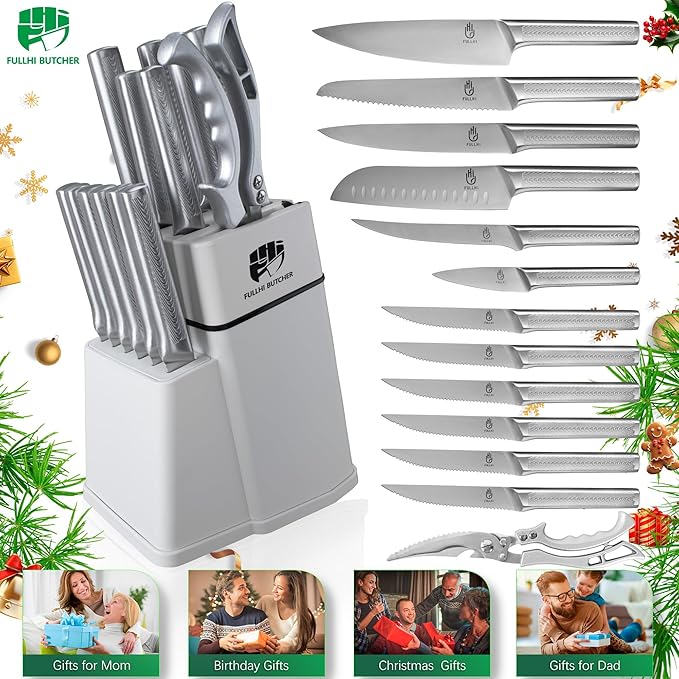 FULLHI 14pcs Knife Block Set, Dishwasher Safe Kitchen Knife Set with Built-in Sharpener, Stainless Steel Chef Knives Set with Knife Holder Kitchen Scissors