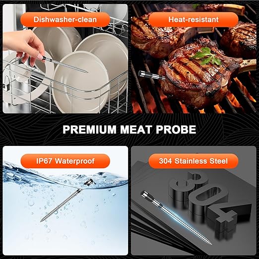 Wireless Meat Thermometer with Smart Timer & APP Alerts, 800ft Bluetooth Grill Food Thermometer, 4 X 0.19In Ultra Thin Probes, ±0.5℉ Accuracy, Big Digital Backlit Screen, for BBQ, Oven, Smoker