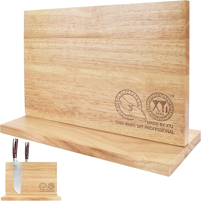 XYJ Authentic Since 1986, Magnetic Knife Block, Double Side Kitchen Knife Holder, Natural Wood, Knife Cutlery Display Stand, Organizer Storage Rack for Home Kitchen