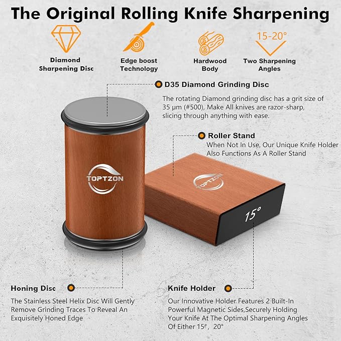 Toptzon Diamond Brown Rolling Knife Sharpener – Roller Knife Sharpener Kit with 15 & 20 Degree Magnetic Angle Stand & Leather Strop Paddle Kit - Easy Sharpening for Kitchen Knife (Modern Brown)