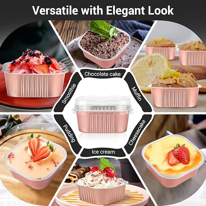 EUSOAR Disposable Ramekins, 50pcs 10oz Rose Gold Creme Brulee Ramekins Disposable Muffin Cups for Baking, Mini Cake Pans with Lids Loaf Bread Containers Cupcake Liners for Party Favor Birthday