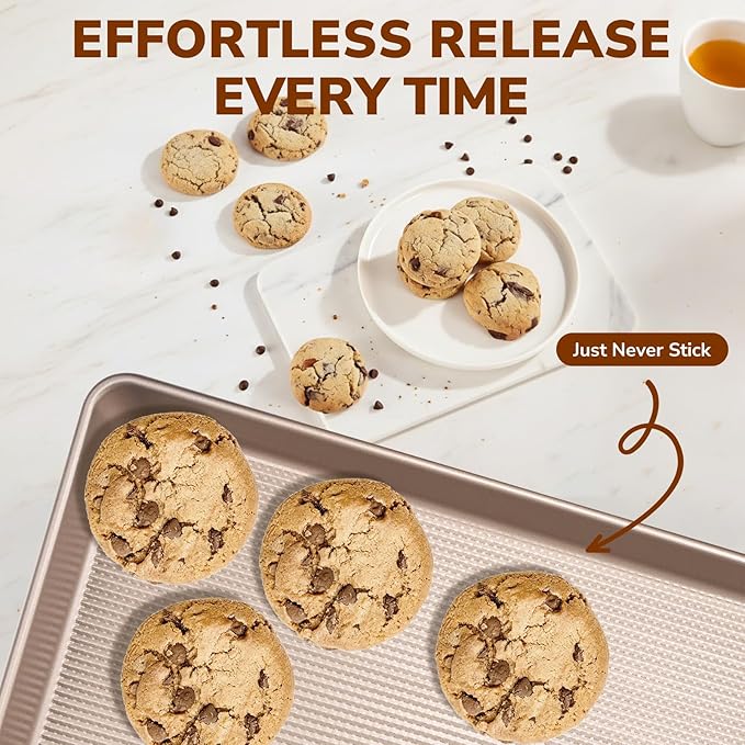 Nonstick Baking Sheet Pan Set of 3, Heavy Duty Cookie Sheets for Oven, 0.6mm Thick Quarter Size & Half Size & Jelly Roll Pan, Rustproof & Easy Clean with Textured Surface(Champagne Gold)