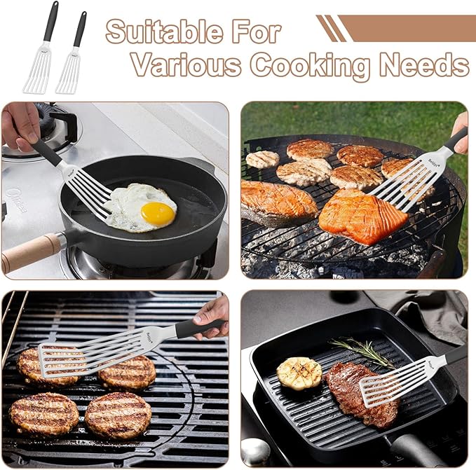 Beijiyi Stainless Steel Fish Spatula Set of 2, 13.5" & 11.7" Slotted Turner with Silicone Handle, Thin Edge, Metal Spatulas for Kitchen Use, Cooking Utensils for Flipping Fish, Burger and Grilling