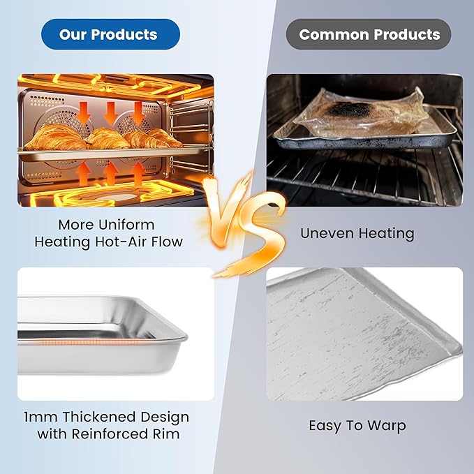 12 Pack Stainless Steel Baking Sheet Pans, 16" L × 12" W × 1" H Cookie Sheets for Toaster Oven, Rust-Resistant, Dishwasher Safe