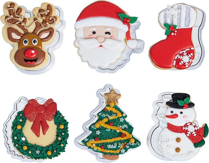 Flycalf Christmas Cookie Cutters Set of 6 with Stamper Stencil 3D Cake Decorating Pastry Kitchen Mold Supplies Holiday Birthday Party Biscuit Fondant Tools