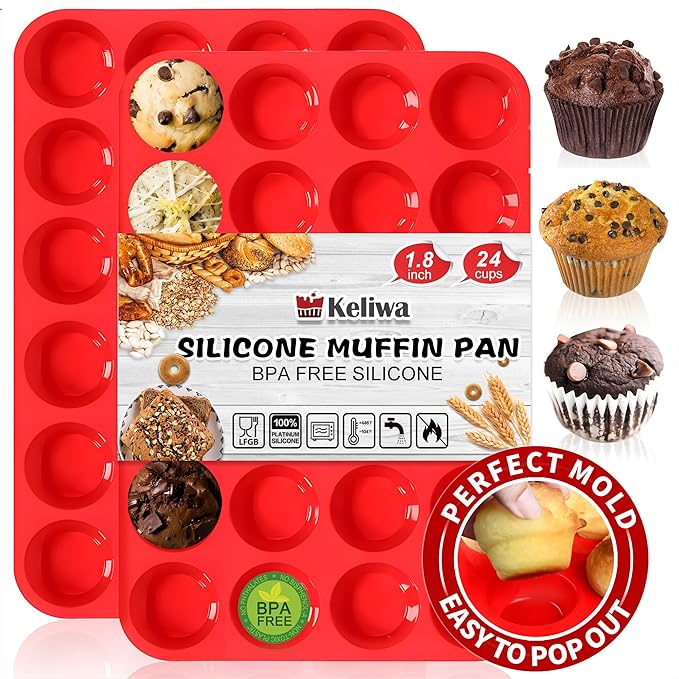 24 Cups Cupcake Pan,Mini Silicone Muffin Pan,Nonstick Food Grade Silicone Baking Cups,Great for Making Muffin Cakes, Tart, Bread - 2 PCS