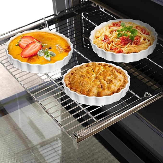Foraineam 6 Pack 8 Ounce Porcelain Creme Brulee Ramekins Mini Fluted Quiche Dishes, 6 Inch Tart Pan Round Pie Plates for Baking, Dishwasher and Oven Safe