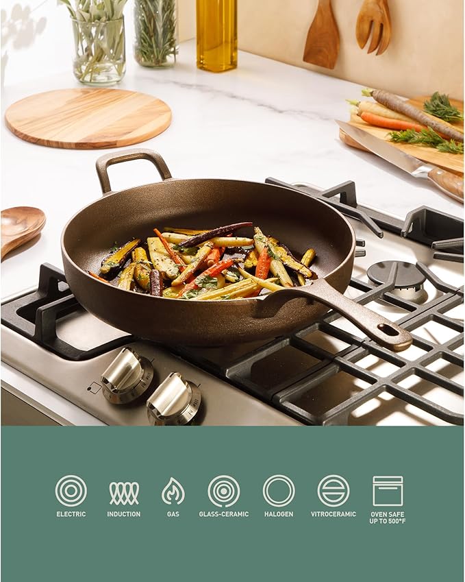 Bloomhouse Natural Bronze Finish 10-Inch Cast Iron Skillet with Long Handle, Helper Handle & Olive Wood Trivet – Olive Oil Treated Fry Pan, Oven & Stovetop Safe