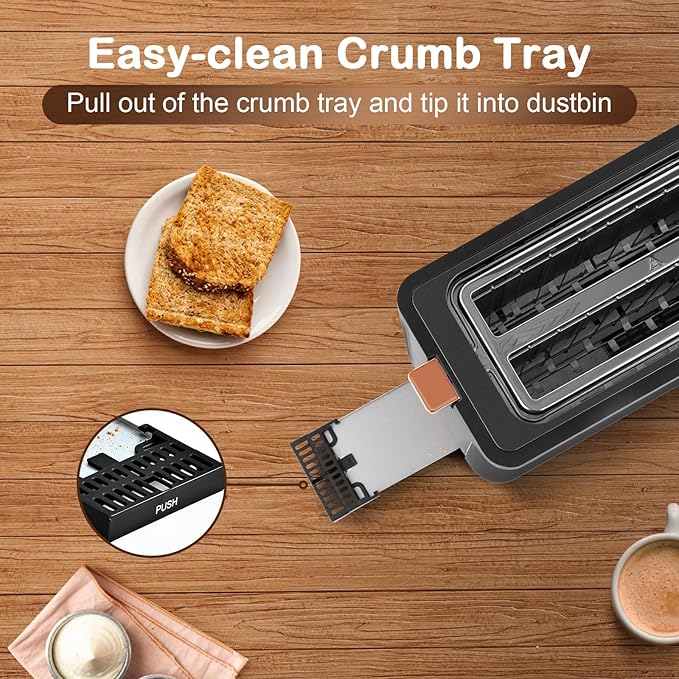 Mecity 4 Slice Toaster, Long Slot Toaster With Warming Rack, Timer, Bagel, Defrost, Reheat Functions, Crumb Tray, 6 Browning Settings, Extra Wide Long Slots, Stainless Steel, 1300W, Grey