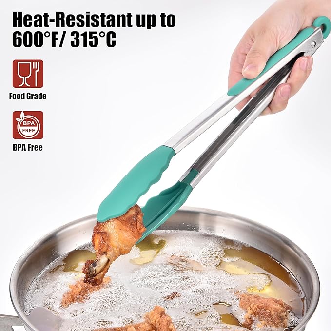 Doosu Kitchen Tongs for Cooking - 600°F Heat Resistant Food Tong Set with Non-Scratch Silicone Tips, Heavy Duty Stainless Steel Locking Tong for BBQ, Grilling Steak, Serving Salad (9+12in, Aqua Sky)