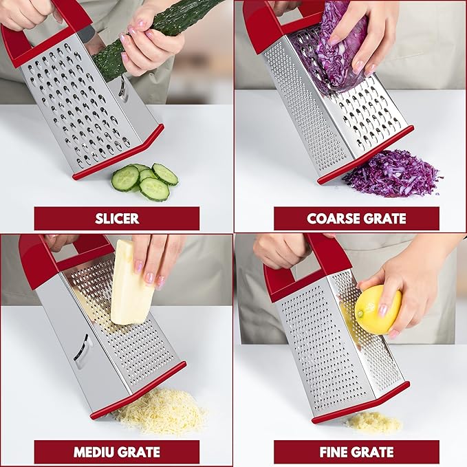 Urbanstrive Cheese Grater With Container, Professional Cheese Grater with Handle, Stainless Steel Graters for Kitchen Handheld, Box Grater with 4 Sides for Vegetables, Ginger, Potatoes (Red)