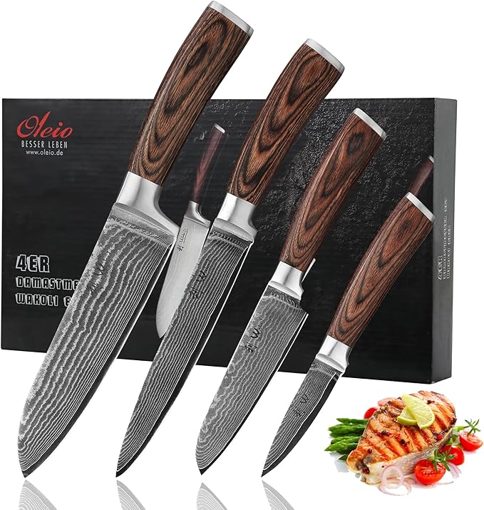 Wakoli EDIB 4-Piece Damascus Knife Set – Professional Kitchen Knives | Genuine Damascus Steel Blades with VG10 Core | Ergonomic Pakkawood Handles | Premium Chef Knife Gift Set