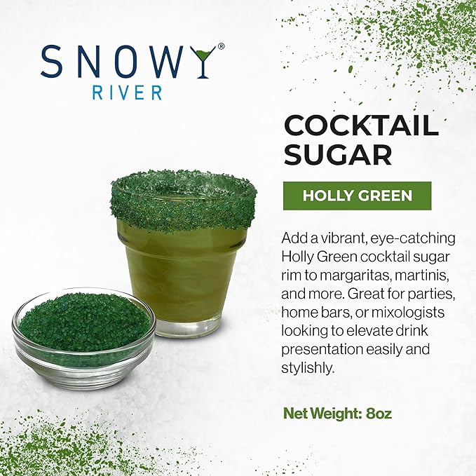 Snowy River Holly Green, Cocktail & Margarita Sugar Rimmer - Vibrant Color Glass Rimming Sugar with Medium Crystal Texture - 8oz