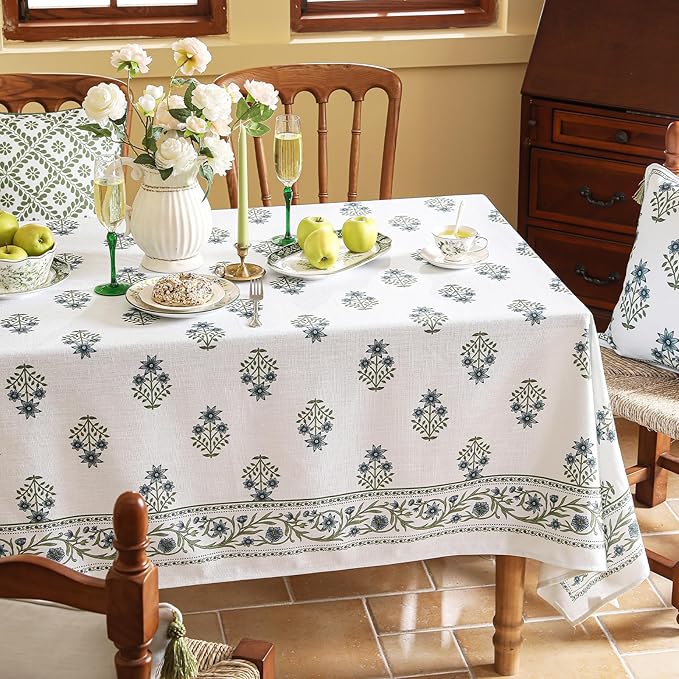 ISAENNE Designer White Linen Small Rectangular Tablecloth,Chinoiserie Floral Elegant Indoor Table Cloth,Fall Stain Proof Decor Tablecloths for Dining Thanksgiving Kitchen,55"*71"-Mosella F