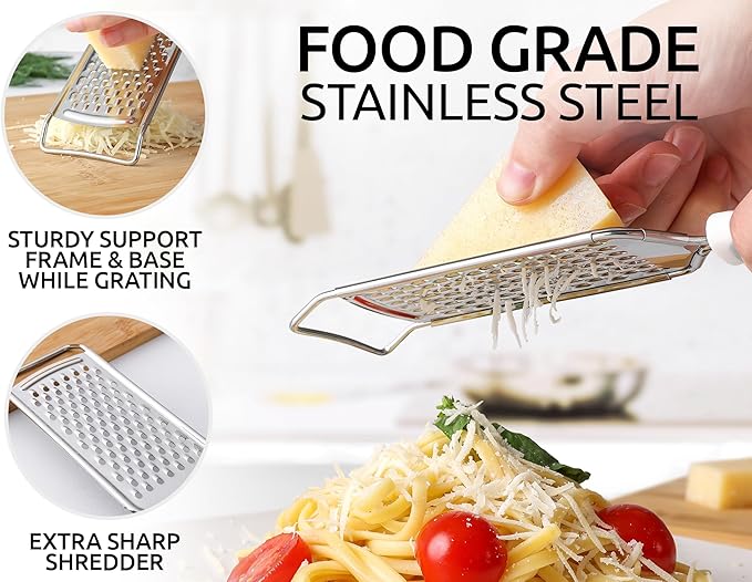 Zulay Kitchen Professional Cheese Grater Stainless Steel - Durable Rust-Proof Metal Lemon Zester Grater With Handle - Flat Handheld Shredder for Parmesan, Chocolate, Spices, And More - White