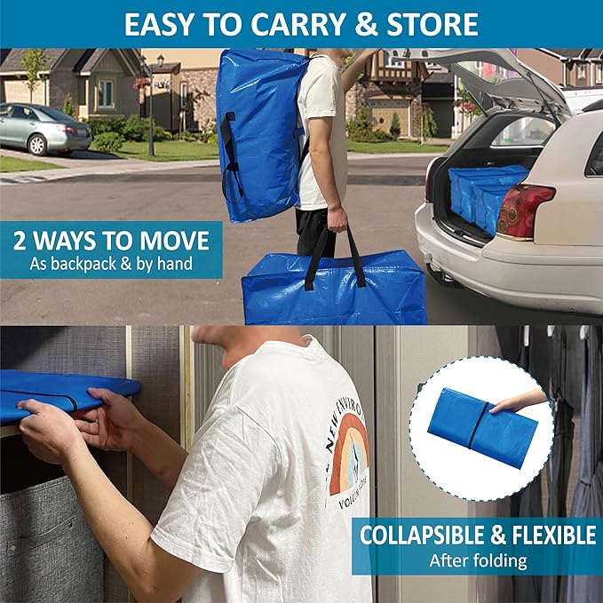 10 Pack Heavy Duty Extra Large Moving Bags with Backpack Straps & Vacuum Storage Supply Combo, Totes Handles Zippers for Space Saving, Fold Flat, Includes Bags, Blue, (HEV10)