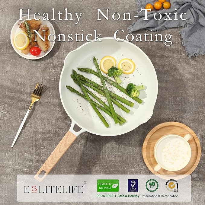 ESLITE LIFE Nonstick Ceramic Frying Pan Skillet, Non-Toxic Egg Omelette Kitchen Cooking Pans Compatible with All Stovetops (Gas, Electric & Induction), PTFE & PFOA Free (White, 9.5")