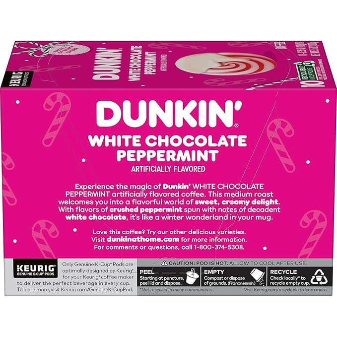 Dunkin’ White Chocolate Peppermint Artificially Flavored Coffee, K-Cup Pods, 60 Ct.
