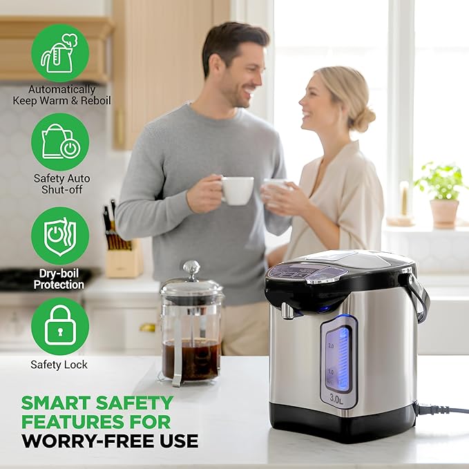 NutriChefKitchen Electric Water Boiler and Warmer - 3L/3.17 Qt Stainless Steel Electric Hot Water Dispenser w/Rotating Base, Auto Shut Off, Safety Lock, Instant Heating for Coffee & Tea (NCHUB13)