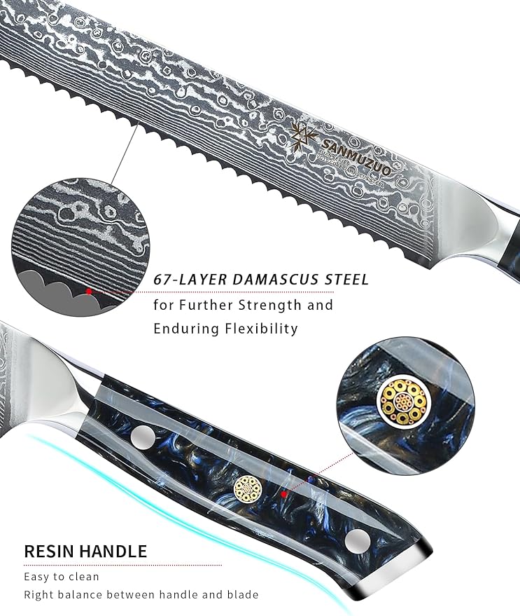 8 inch Bread Knife Serrated Kitchen Chef Knife - Damascus Steel & Resin Handle - Xuan Series (Starry Black)