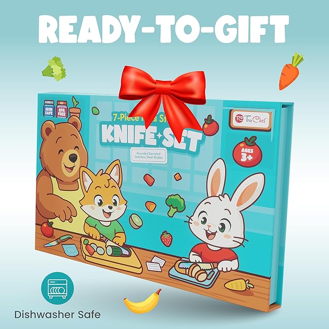 Kids Knife Set for Real Cooking | Skin Safe Chef Set for Ages 3+ with Rainbow Blades, Cutting Board, Scraper, Recipe Cards | Jr Chef Cooking Gift for Teens & Kids (16 Pcs)