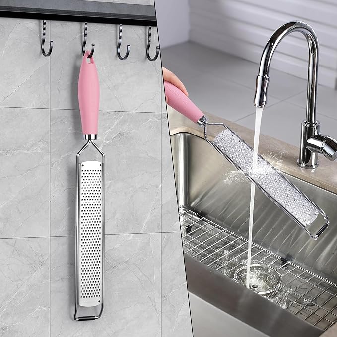 Rainspire Zester Grater with Handle, Lemon Zester Cheese Grater for Kitchen Stainless Steel, Parmesan Cheese Garlic Nutmeg Chocolate Fruits Vegetables Ginger Grater, Fine (Pink)