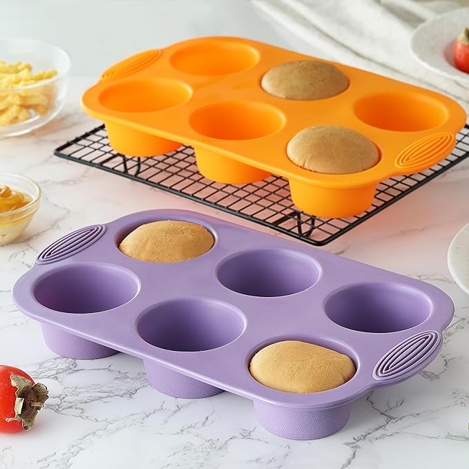 JJOO 2PCS Silicone Muffin Pan, 6-Cavity Nonstick Muffin Cupcake Pans Molds for Baking, Great for Cupcakes, Muffin, Brownies and More, BPA Free, Pack of 2 Colors (Orange and Purple)